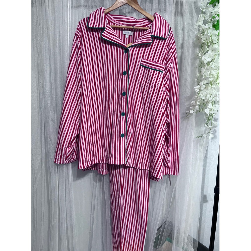 PajamaGram Hers Red White Striped Fleece Pajama Set Plus Size 3X Holiday Cozy